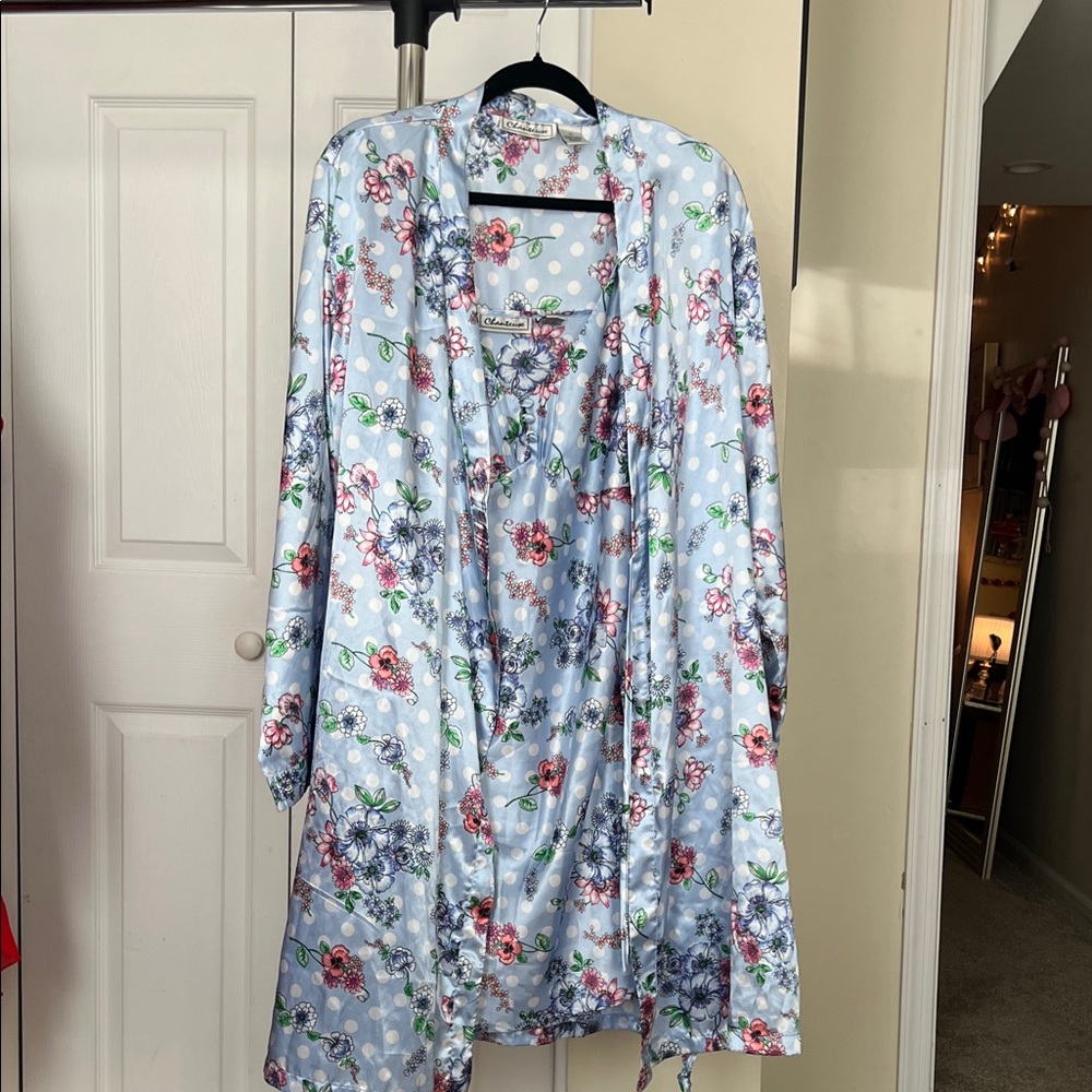 Chartreuse Sky Blue Floral Satin Robe and slip